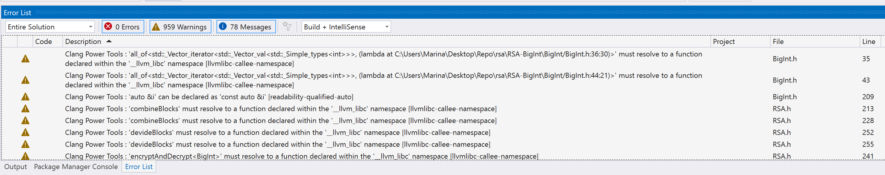 Error List - Clang Power Tools